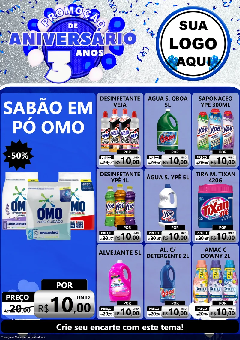 Modelo de Encarte para Encarte A4 Vertical com o tema Promoção de Aniversário - 3 Anos para Produtos de Limpeza