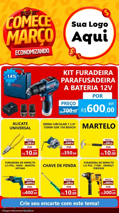 Modelo de Rede Social para Stories com o tema Comece Março Economizando para Maquinas e Ferramentas