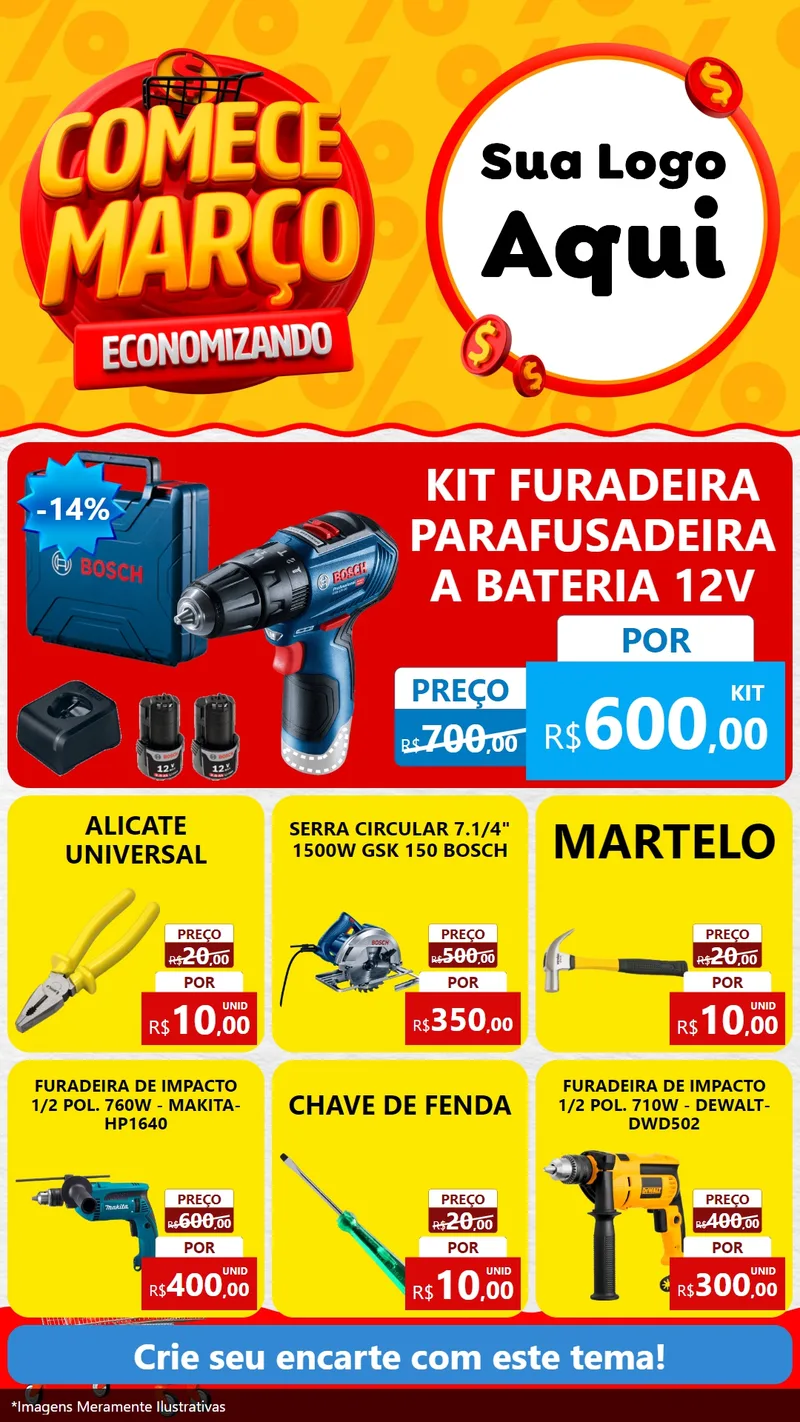 Modelo de Rede Social para Stories com o tema Comece Março Economizando para Maquinas e Ferramentas