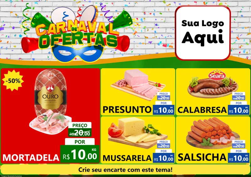 Modelo de Encarte para Encarte A4 Horizontal com o tema Carnaval de Ofertas para Frios e Laticínios