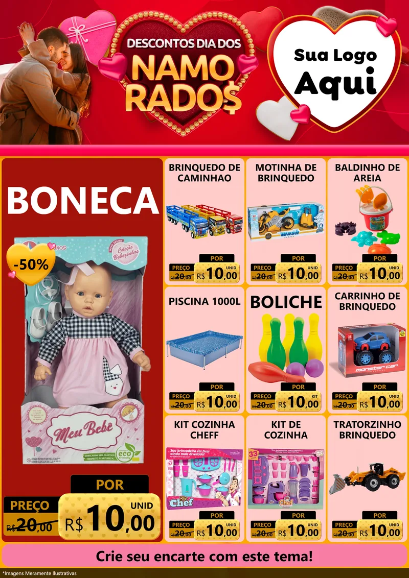 Modelo de Encarte para Encarte A4 Vertical com o tema Descontos Dia dos Namorados para Brinquedos
