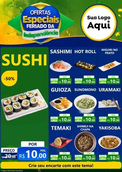 Modelo de Encarte para Encarte A4 Vertical com o tema Ofertas Especiais Feriado da Independência para Comida japonesa