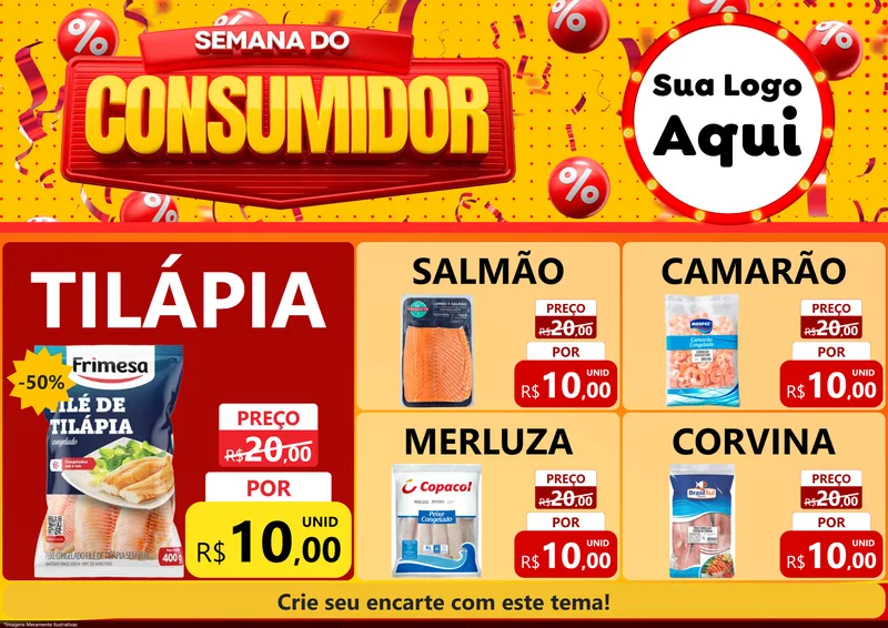 Modelo de Encarte para Encarte A4 Horizontal com o tema Semana do Consumidor para Peixaria