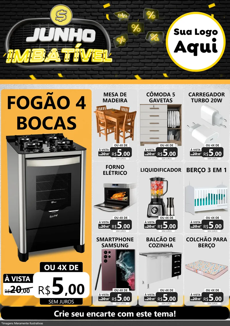 Modelo de Encarte para Encarte A4 Vertical com o tema Junho Imbatível para Móveis e Eletro