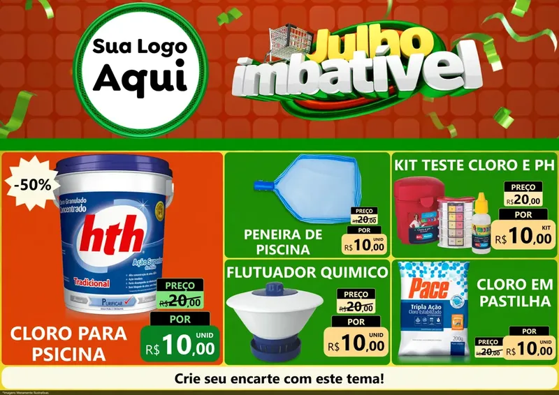 Modelo de Encarte para Encarte A4 Horizontal com o tema Julho Imbatível para Produtos para Piscina