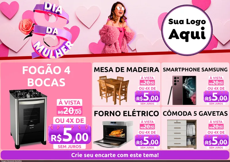 Modelo de Encarte para Encarte A4 Horizontal com o tema Dia da Mulher para Móveis e Eletro