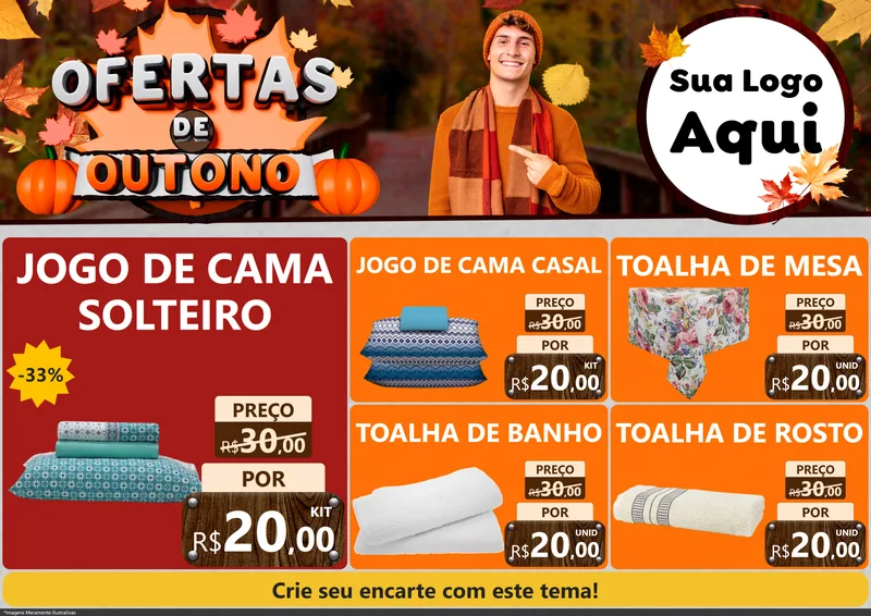Modelo de Encarte para Encarte A4 Horizontal com o tema Ofertas de Outono para Cama, Mesa e Banho