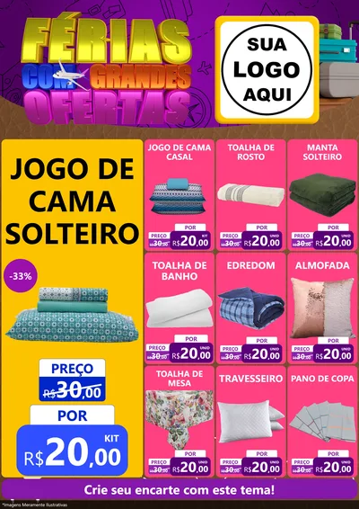 Modelo de Encarte para Encarte A4 Vertical com o tema Férias com Grandes Ofertas para Cama, Mesa e Banho