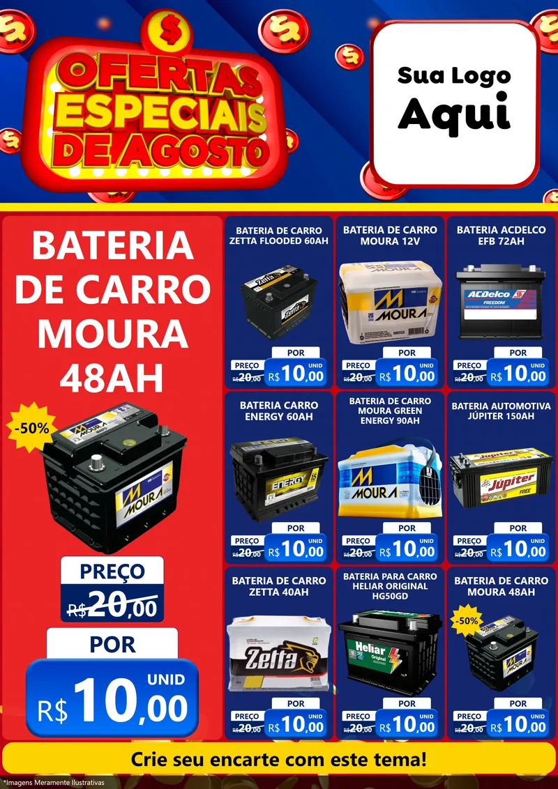 Modelo de Encarte para Encarte A4 Vertical com o tema Ofertas Especiais de Agosto para Baterias Elétricas