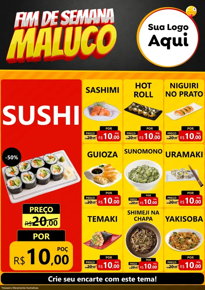Modelo de Encarte para Encarte A4 Vertical com o tema Final de Semana Maluco para Comida japonesa