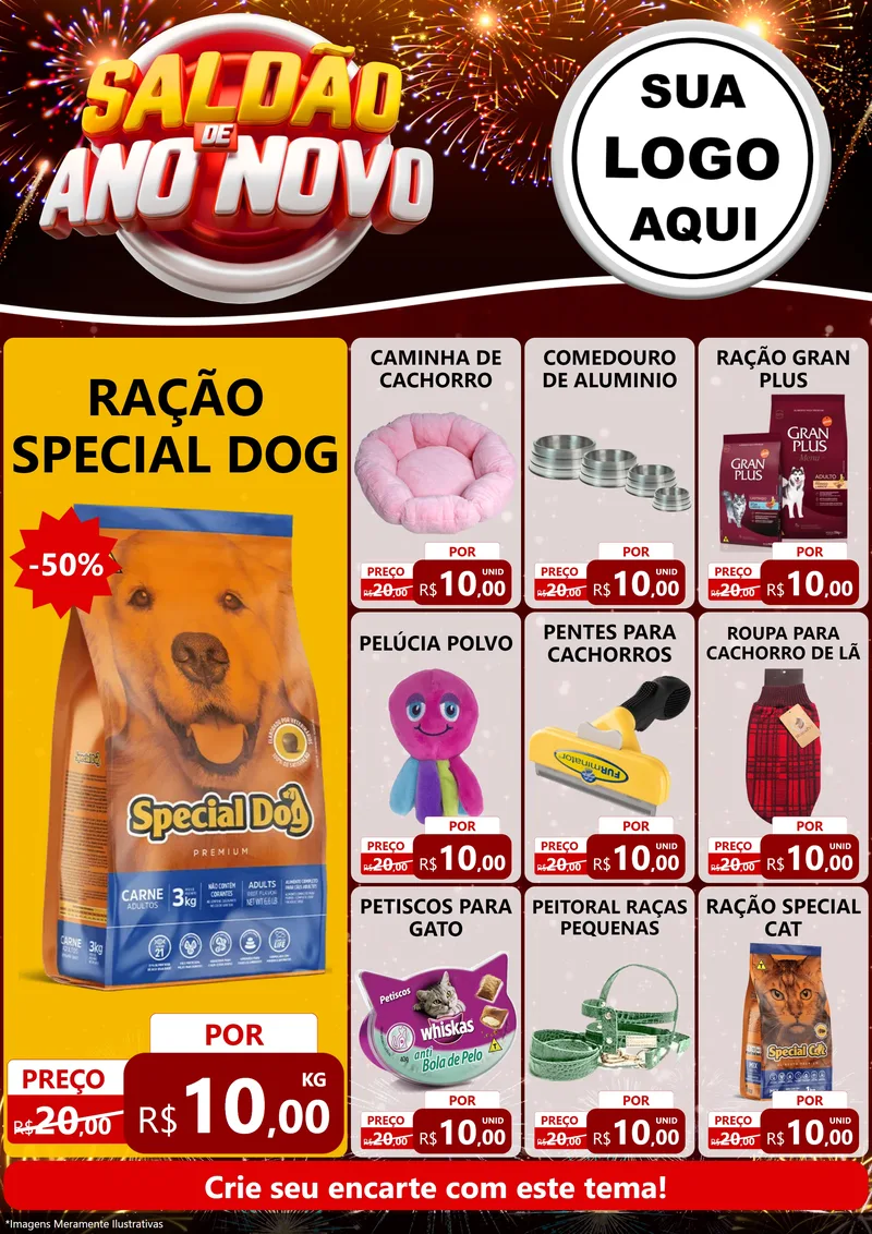 Modelo de Encarte para Encarte A4 Vertical com o tema Saldão de Ano Novo para Pet Shop