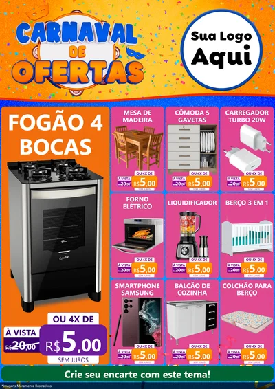 Modelo de Encarte para Encarte A4 Vertical com o tema Carnaval de Ofertas para Móveis e Eletro