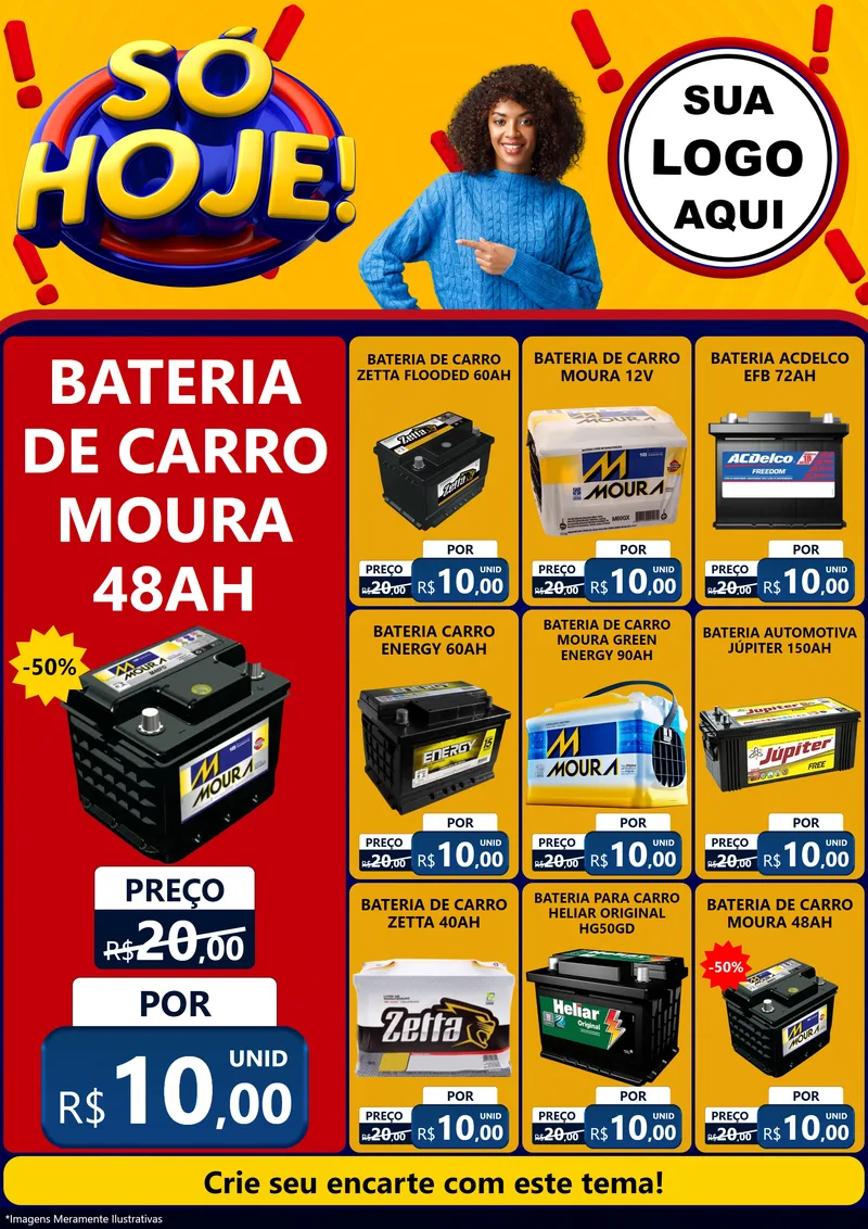 Modelo de Encarte para Encarte A4 Vertical com o tema Só Hoje! para Baterias Elétricas