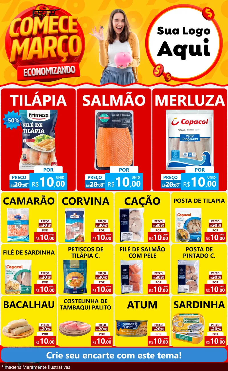 Modelo de Encarte para Encarte Grande com o tema Comece Março Economizando para Peixaria