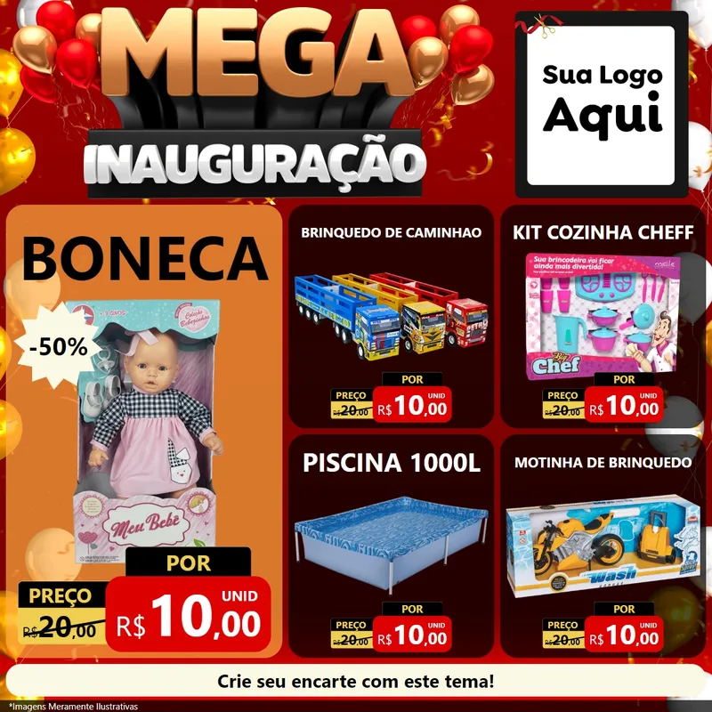 Modelo de Rede Social para Feed Facebook com o tema Mega Inauguração para Brinquedos