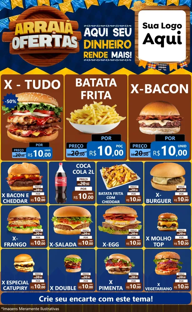 Modelo de Encarte para Encarte Grande com o tema Arraiá de Ofertas - Junina para Hamburgueria