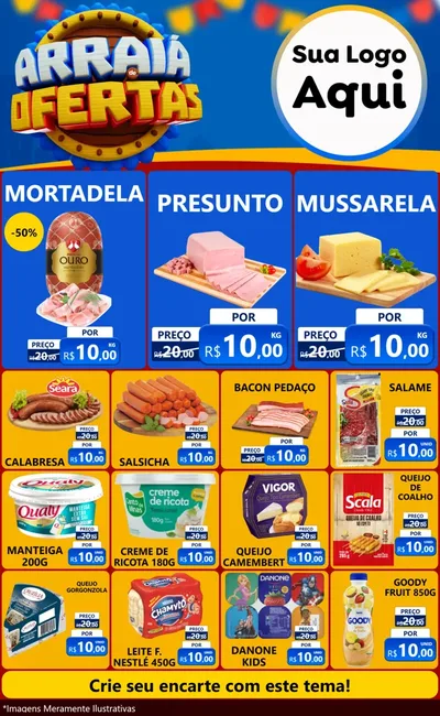 Modelo de Encarte para Encarte Grande com o tema Arraiá de Ofertas - Junina para Frios e Laticínios