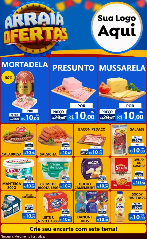 Modelo de Encarte para Encarte Grande com o tema Arraiá de Ofertas - Junina para Frios e Laticínios