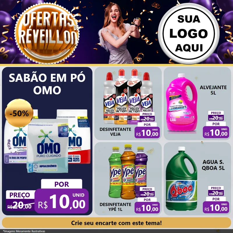 Modelo de Rede Social para Feed Facebook com o tema Ofertas de Réveillon para Produtos de Limpeza
