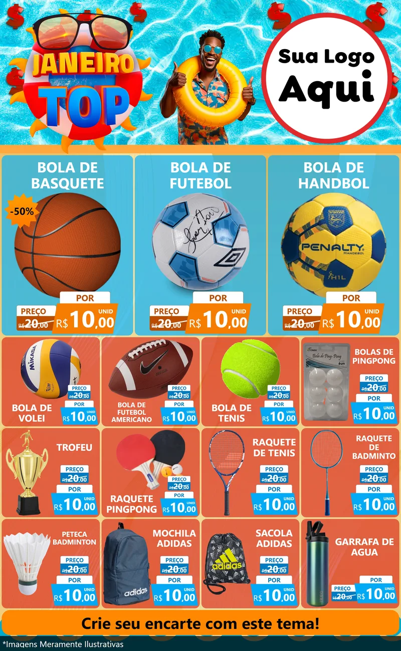 Modelo de Encarte para Encarte Grande com o tema Janeiro Top para Artigos Esportivos