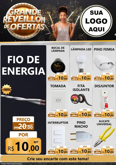 Modelo de Encarte para Encarte A4 Vertical com o tema Grande Réveillon de Ofertas para Materiais Elétricos