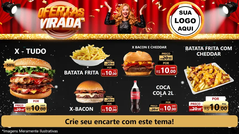 Modelo de TV para TV Horizontal com o tema Ofertas da Virada para Hamburgueria