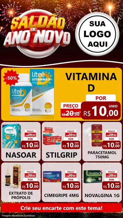 Modelo de Rede Social para Stories com o tema Saldão de Ano Novo para Farmácia