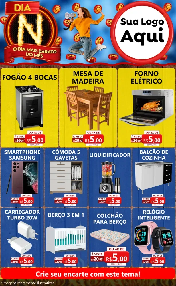 Modelo de Encarte para Encarte Grande com o tema Dia N - O Dia Mais Barato Do Mês para Móveis e Eletro