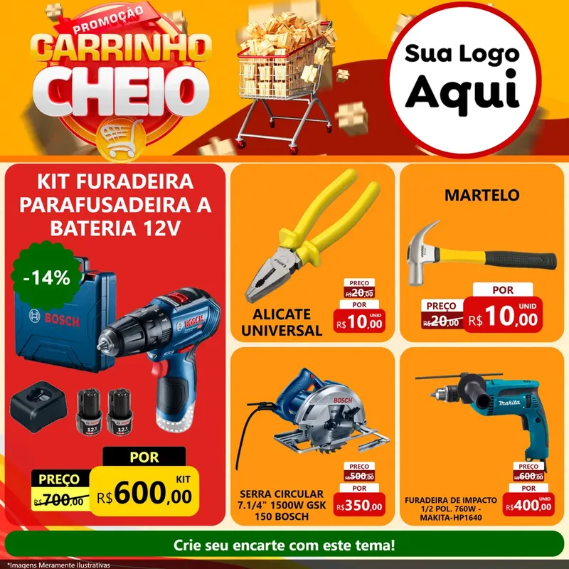Modelo de Rede Social para Feed Facebook com o tema Promoção carrinho cheio para Maquinas e Ferramentas
