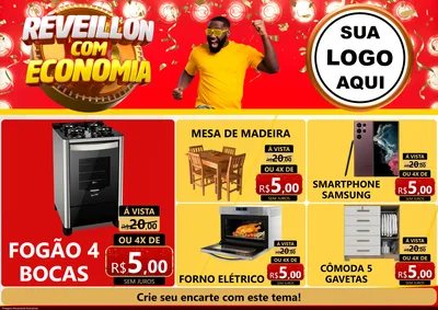 Modelo de Encarte para Encarte A4 Horizontal com o tema Réveillon com Economia para Móveis e Eletro
