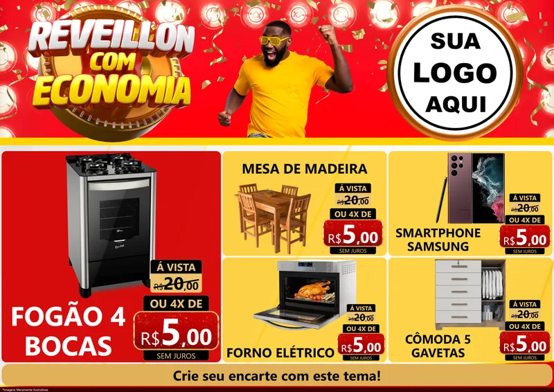 Modelo de Encarte para Encarte A4 Horizontal com o tema Réveillon com Economia para Móveis e Eletro