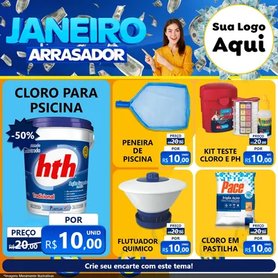 Modelo de Rede Social para Feed Facebook com o tema Janeiro Arrasador para Produtos para Piscina