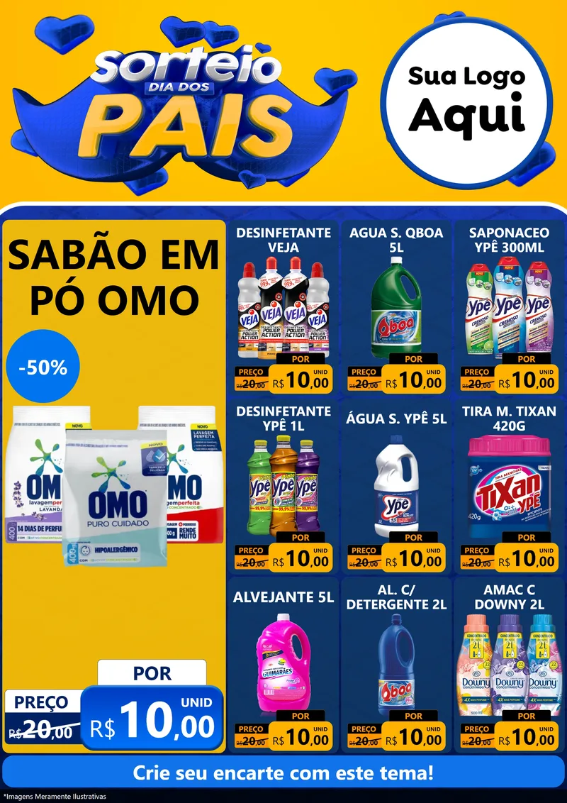 Modelo de Encarte para Encarte A4 Vertical com o tema Sorteio Dia dos Pais para Produtos de Limpeza