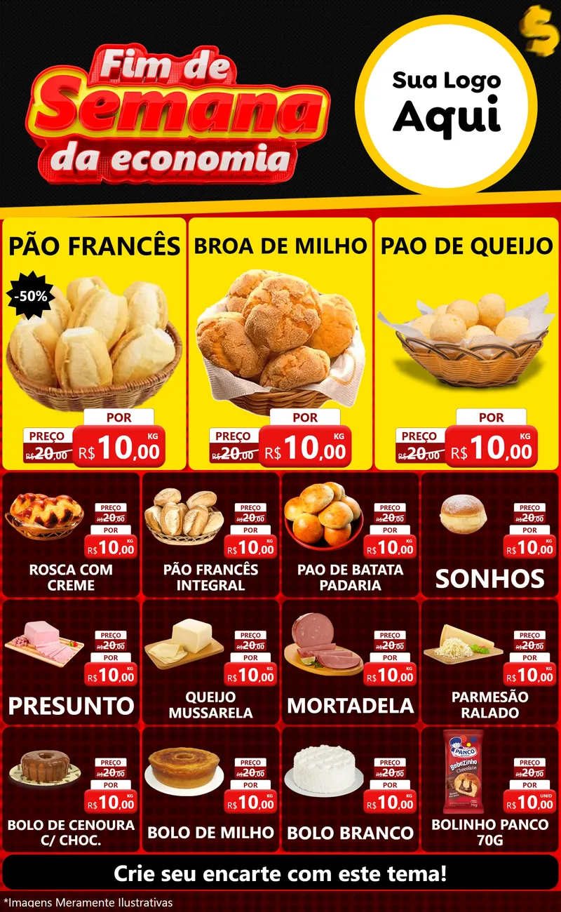 Modelo de Encarte para Encarte Grande com o tema Fim de Semana da Economia para Padaria