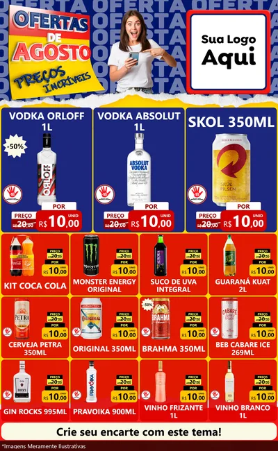 Modelo de Encarte para Encarte Grande com o tema Ofertas de Agosto - Preços Incríveis para Distribuidora de bebidas