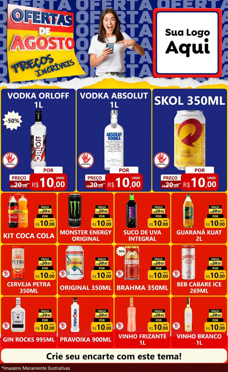 Modelo de Encarte para Encarte Grande com o tema Ofertas de Agosto - Preços Incríveis para Distribuidora de bebidas