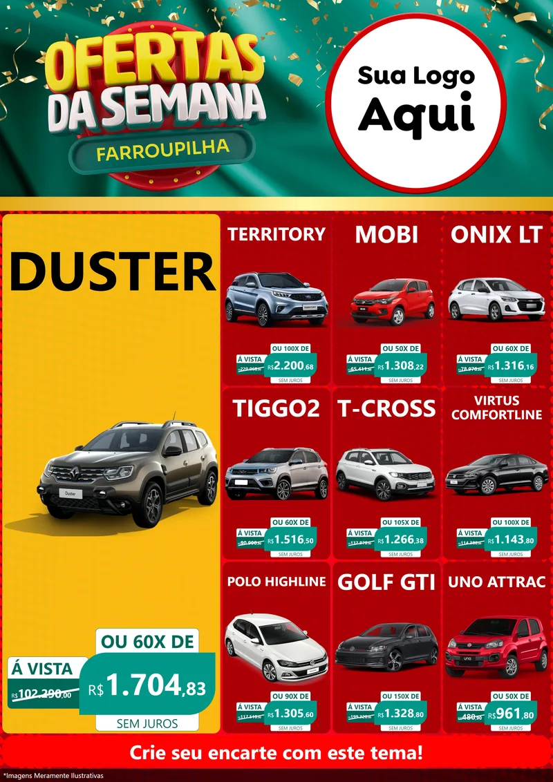 Modelo de Encarte para Encarte A4 Vertical com o tema Ofertas da Semana Farroupilha para Concessionaria de Carros