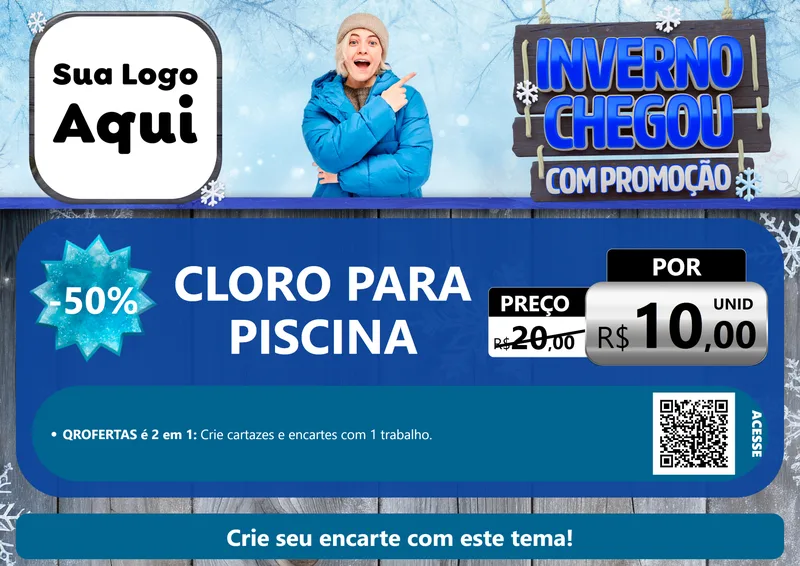 Modelo de Cartaz para Cartaz A4 Horizontal com o tema Inverno Chegou Com Promoção para Produtos para Piscina