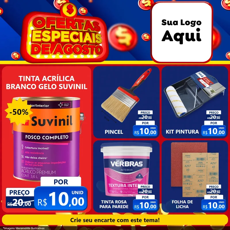 Modelo de Rede Social para Feed Facebook com o tema Ofertas Especiais de Agosto para Tintas e Ferramentas