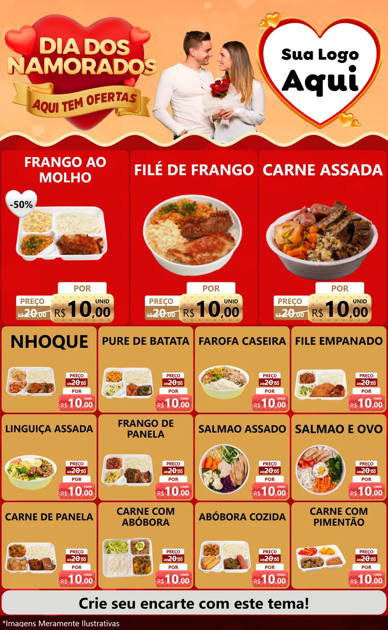 Modelo de Encarte para Encarte Grande com o tema Dia dos Namorados - Aqui Tem Ofertas para Restaurante