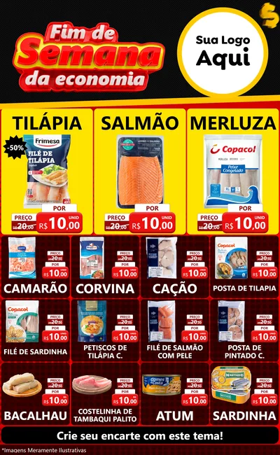 Modelo de Encarte para Encarte Grande com o tema Fim de Semana da Economia para Peixaria