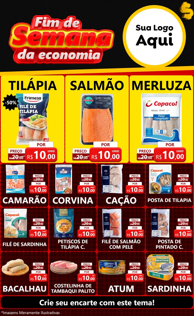 Modelo de Encarte para Encarte Grande com o tema Fim de Semana da Economia para Peixaria