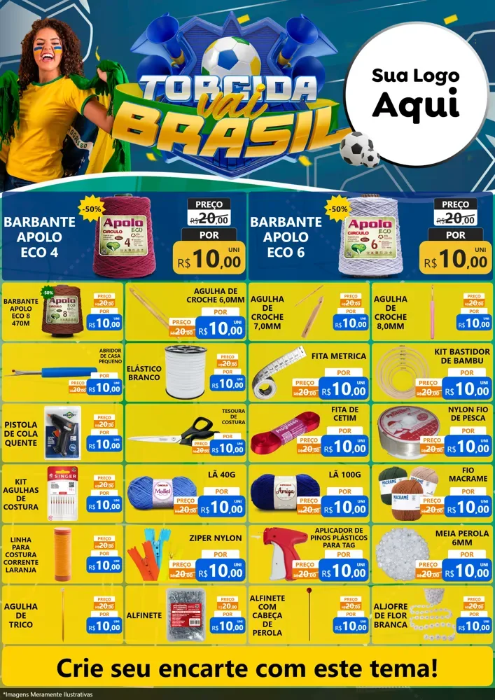Modelo de Encarte para Encarte A4 Vertical com o tema Torcida Vai Brasil - Copa para Armarinho e Aviamentos