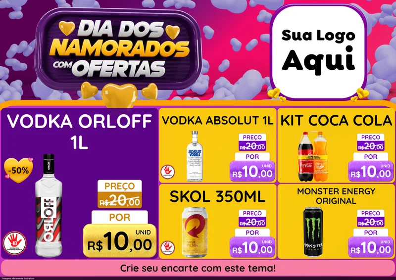 Modelo de Encarte para Encarte A4 Horizontal com o tema Dia Dos Namorados Com Ofertas para Distribuidora de bebidas