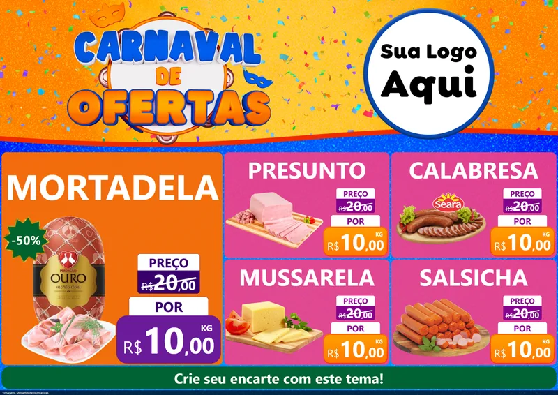 Modelo de Encarte para Encarte A4 Horizontal com o tema Carnaval de Ofertas para Frios e Laticínios