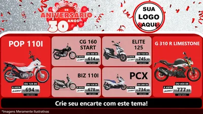 Modelo de TV para TV Horizontal com o tema Promoção de Aniversário - 30 Anos para Concessionaria de Motos