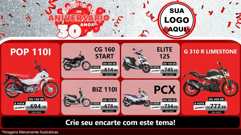 Modelo de TV para TV Horizontal com o tema Promoção de Aniversário - 30 Anos para Concessionaria de Motos