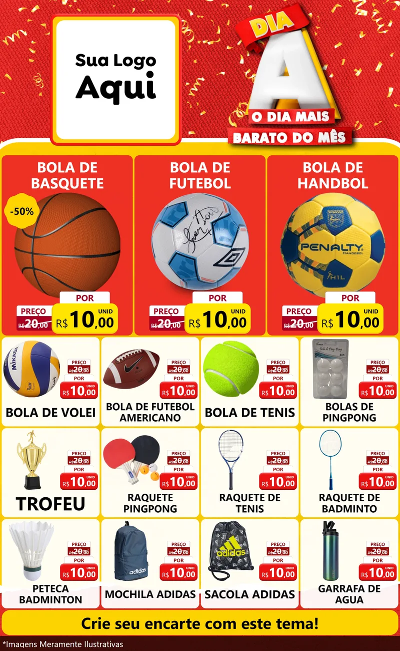 Modelo de Encarte para Encarte Grande com o tema Dia A o Dia Mais Barato do Mês para Artigos Esportivos