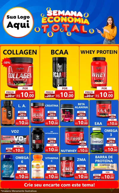 Modelo de Encarte para Encarte Grande com o tema Semana Economia Total para Suplementos alimentares