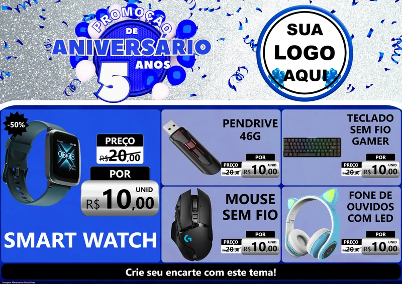 Modelo de Encarte para Encarte A4 Horizontal com o tema Promoção de Aniversário - 5 Anos para Informática